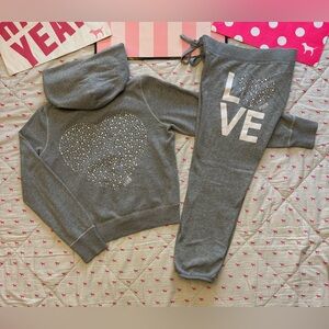 VS PINK VINTAGE Y2K SET HOODIE & SWEATPANTS GRAY HEART LOVE BLING RHINESTONE HTF